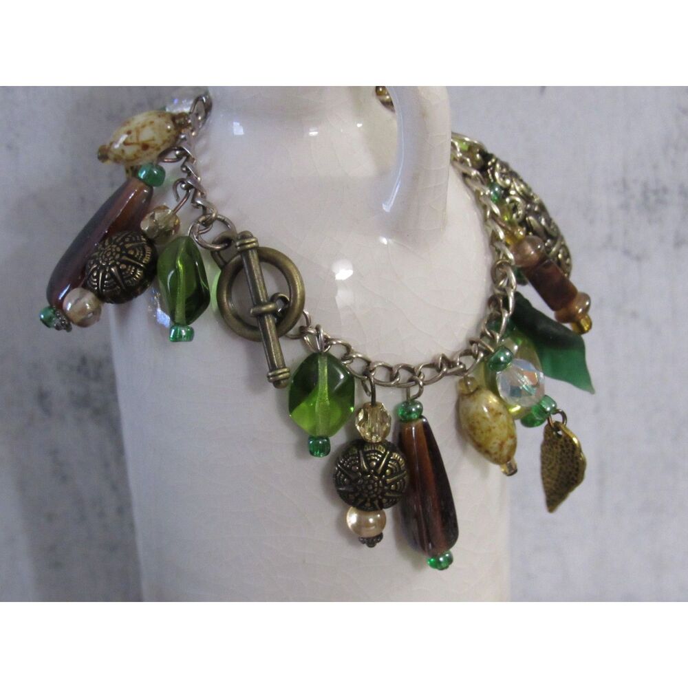 Handmade Nature-Themed Charm Bracelet – Green Glass Leaves, Brass Accents - Picture 1 of 5
